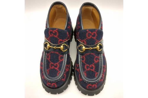 GUCCI 598315 ウールホースビットローファー ネイビー GG柄 SIZE 5 1/2