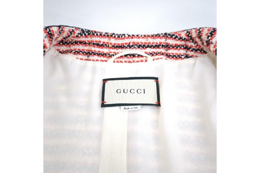 美品 GUCCI ツイード ノーカラー ジャケット 482665 レッド 美品 GUCCI ツイード ノーカラー ジャケット 482665 レッド