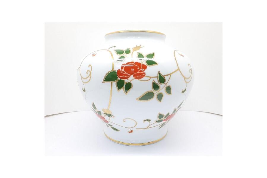 大倉陶園　筒形花瓶　金彩　白鳥　花 fit=scale-down,w=1200