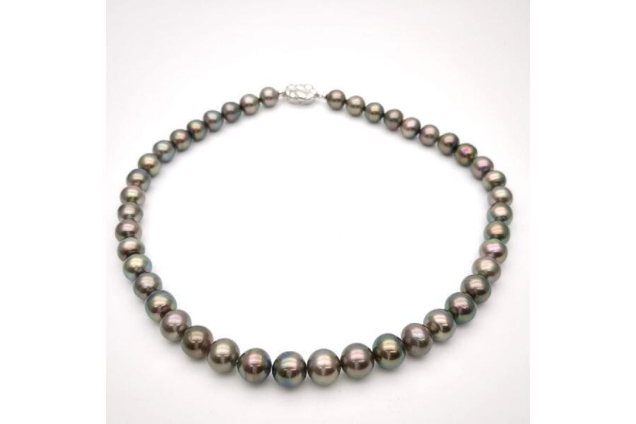 真珠ネックレス パール 9.0-9.8mm グレー系 ピーコックカラー シルバー