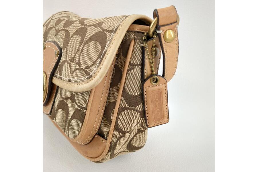 COACH コーチ F10566 シグネチャー ミニショルダー キャンバス×レザー レディース ショルダーバッグ COACH コーチ ミニ ショルダーバッグ ベージュ シグネチャー F10566